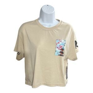 Weekend Warrior Women TOKIO JAPAN Tan Graphic Cropped Tshirt Size M Cotton Blend
